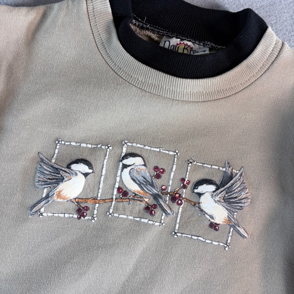 Day Breeze Womens Chickadee Bird Embroidered Mock Neck Sweatshirt Tan Size M - Picture 4 of 5